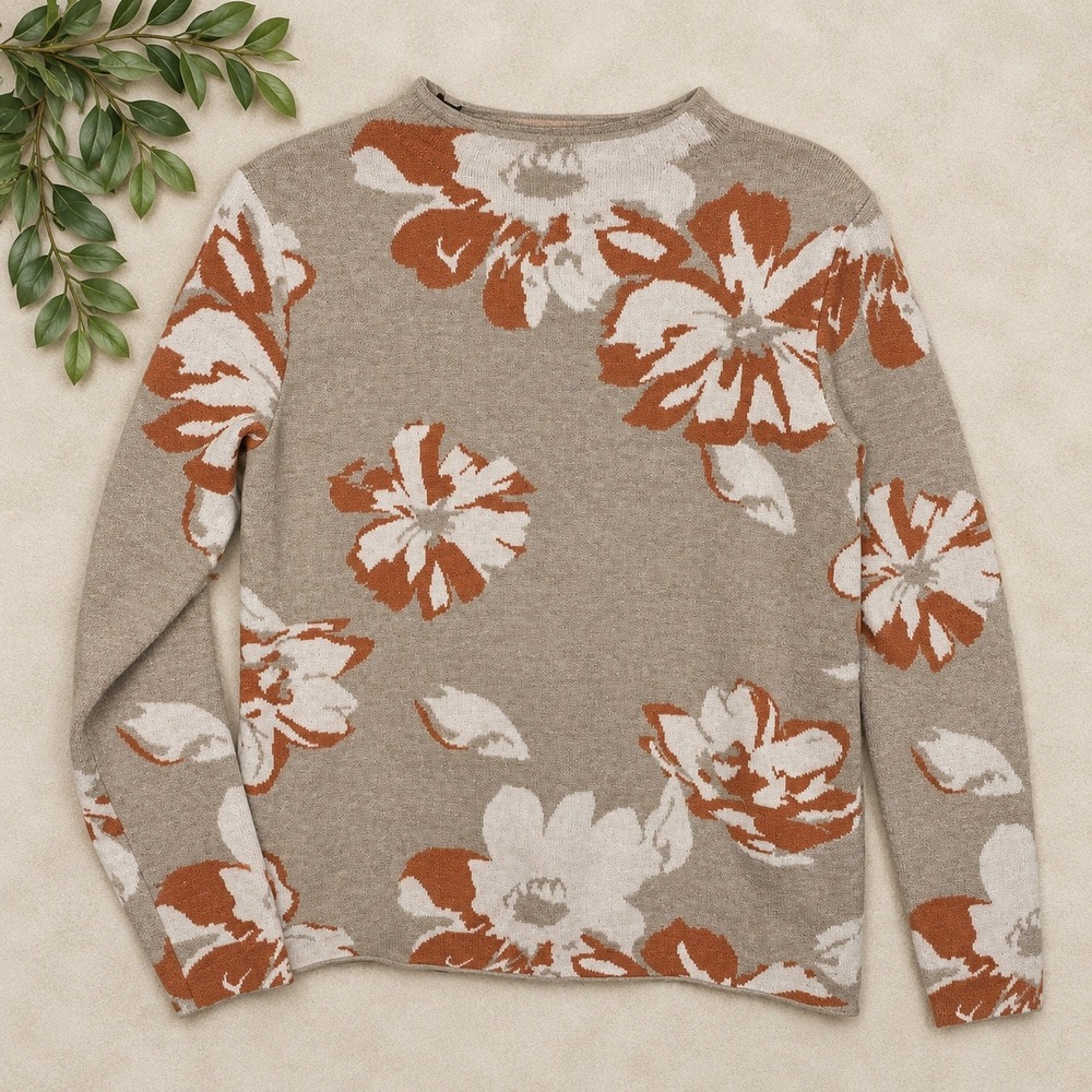 Love Scarlett Sweater Tan Orange Floral Knit Crewneck Pullover Sz Medium